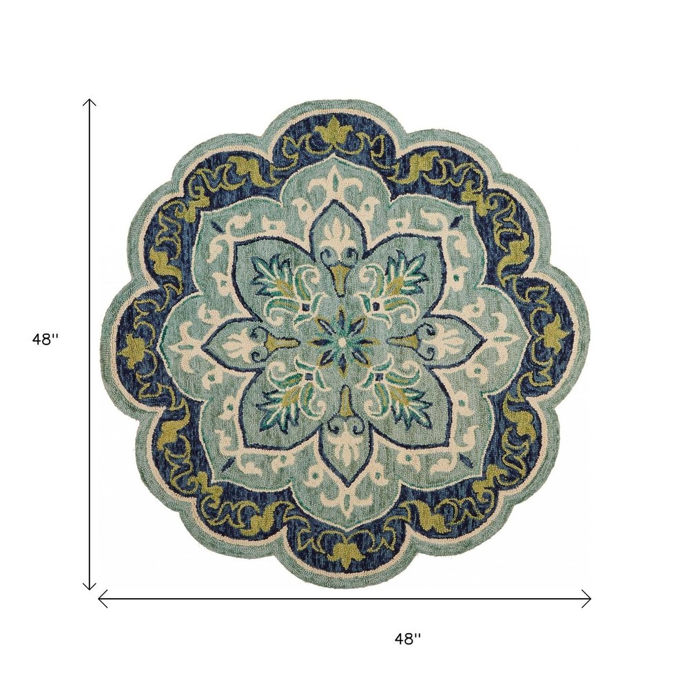 4' Blue And Green Wool Geometric Hand Tufted Round Rug