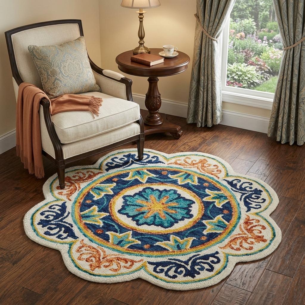 4' Round Ivory And Navy Decorative Area Rug
