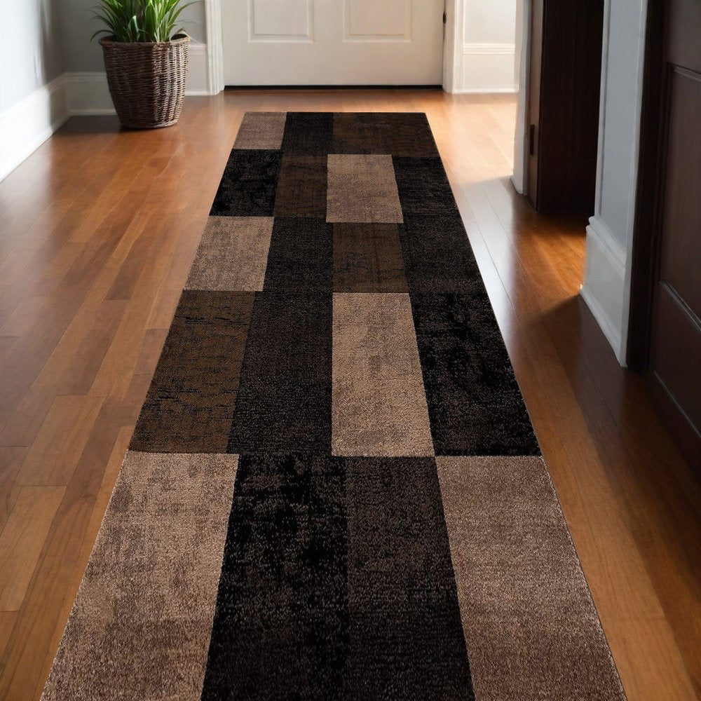 10' Brown Checkered Power Loom Runner Rug