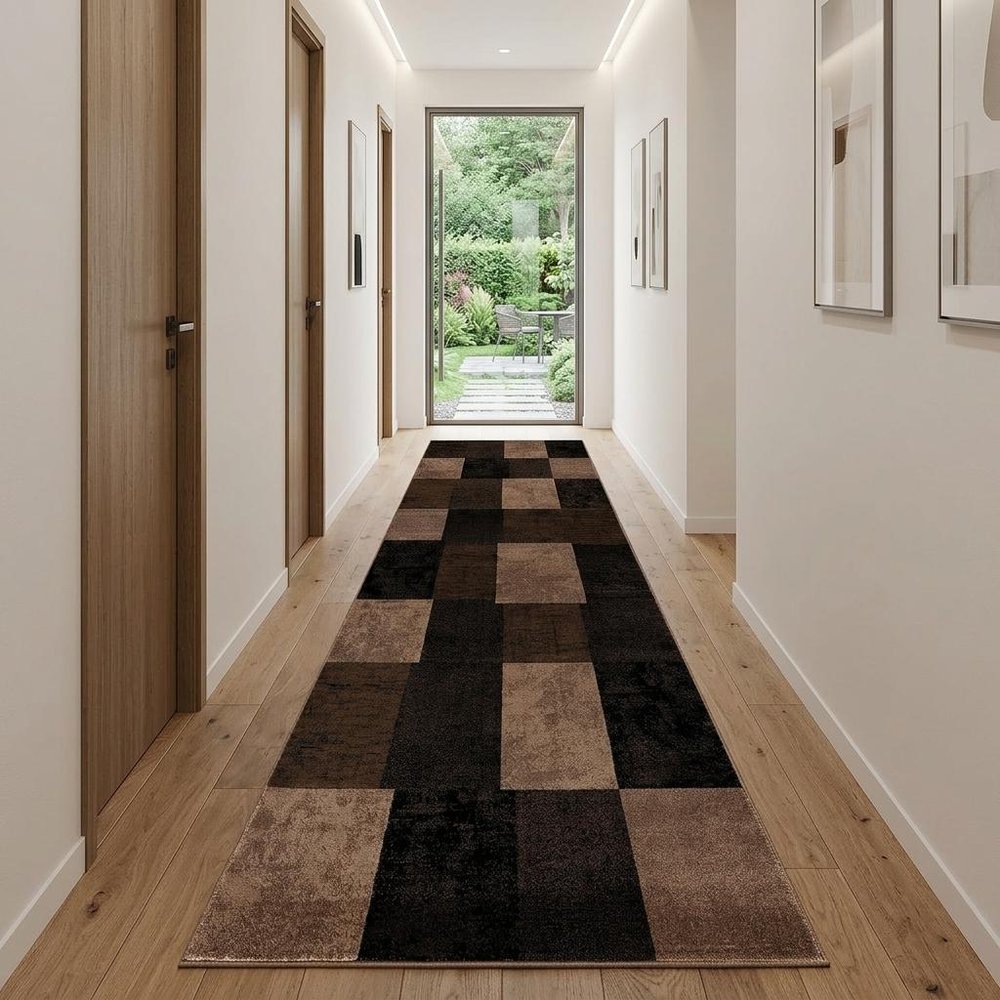 10' Brown Checkered Power Loom Runner Rug