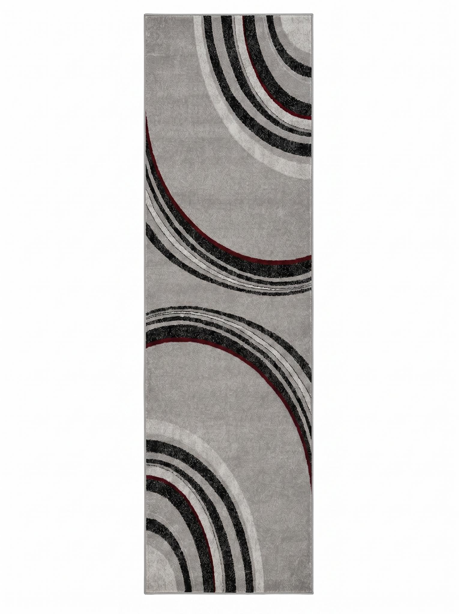 8' Gray and Black Geometric Power Loom Runner Rug
