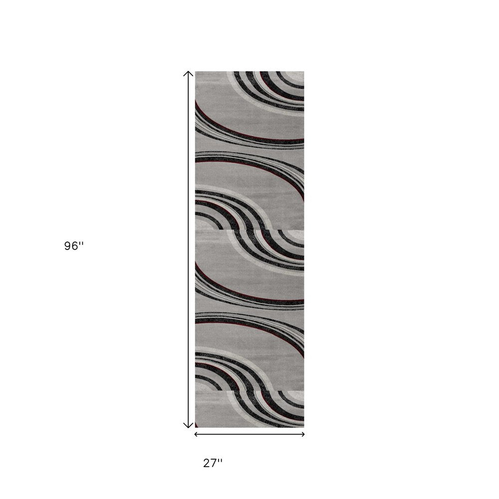 8' Gray and Black Geometric Power Loom Runner Rug