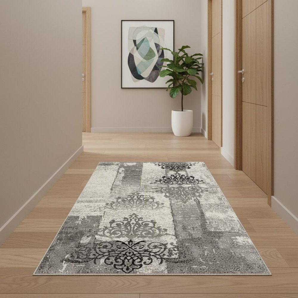 10' Gray Damask Dhurrie Runner Rug