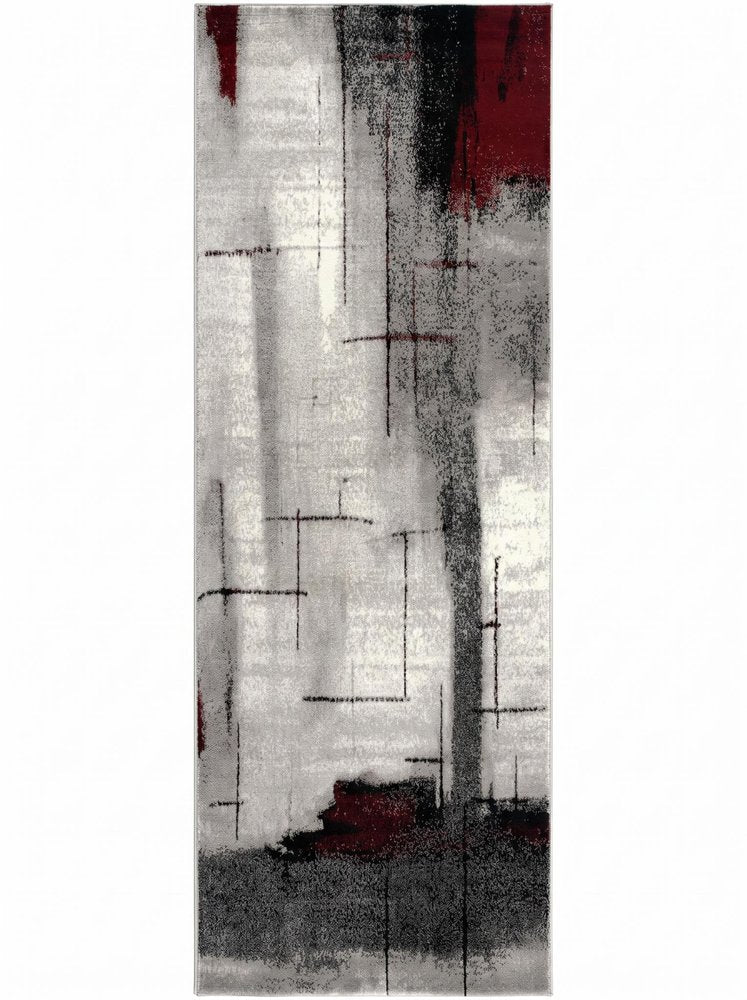 10' Black Burgundy And Gray Abstract Runner Rug