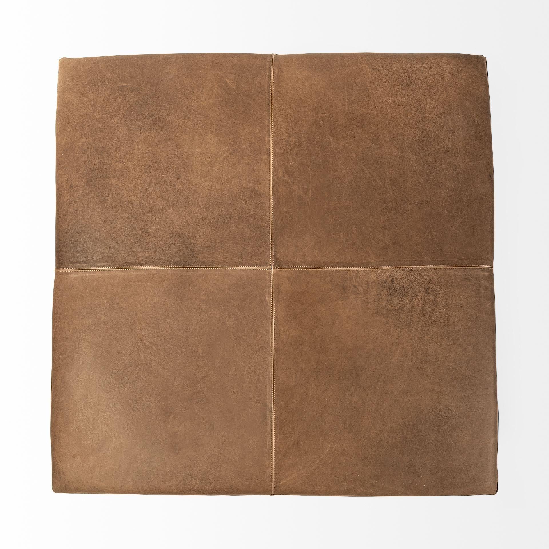 36" Brown Genuine Leather Cube Ottoman