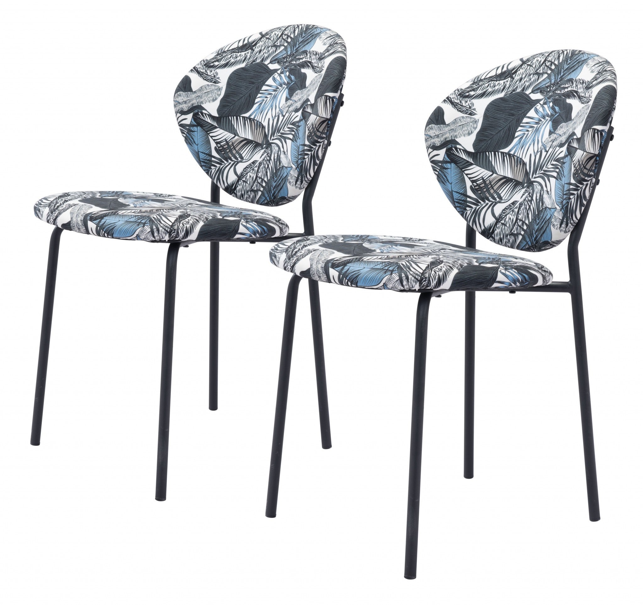 Set of Two Blue Black and White Tropical Design Dining or Side Chairs