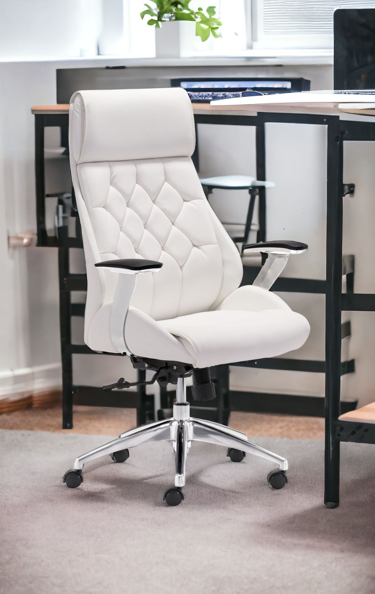 White and Silver Adjustable Swivel Metal Rolling Executive Office Chair