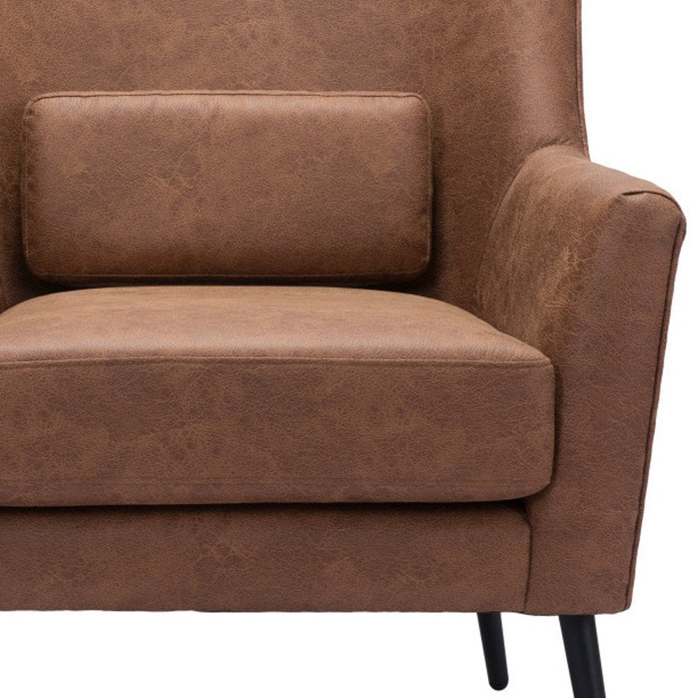 29" Brown And Black Faux Leather And Upholstered Arm Chair And Toss Pillow