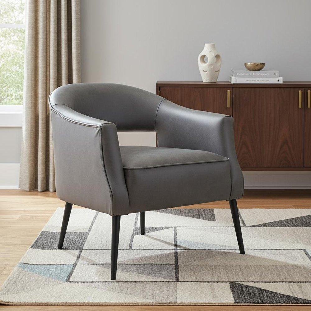27" Gray And Gold Faux Leather And Upholstered Arm Chair