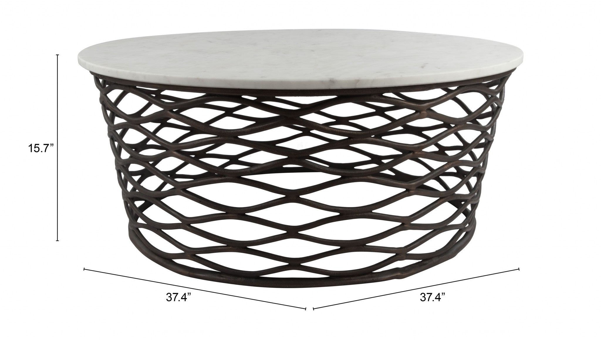 36" Antiqued Bronze And White Genuine Marble Round Coffee Table