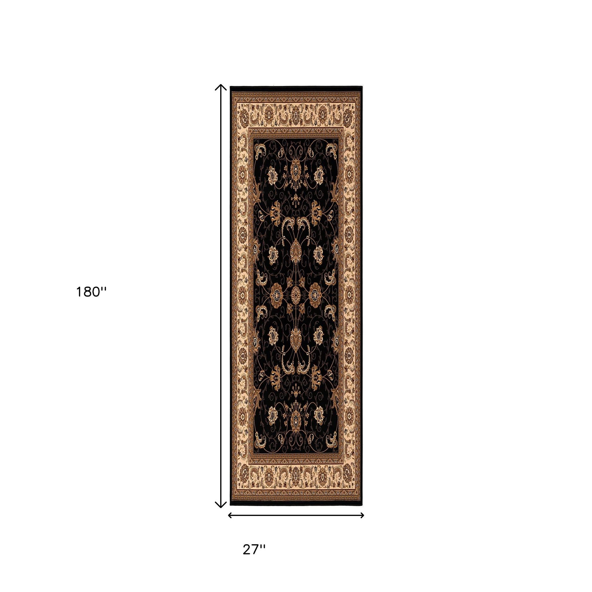 15' Black And Ivory Oriental Runner Rug