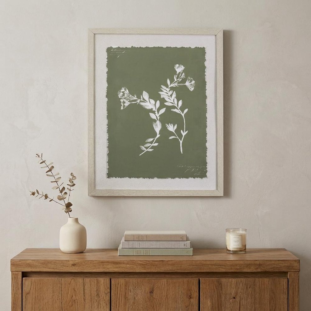 Moss Green and White Botanical Flowers 1 Wall Art