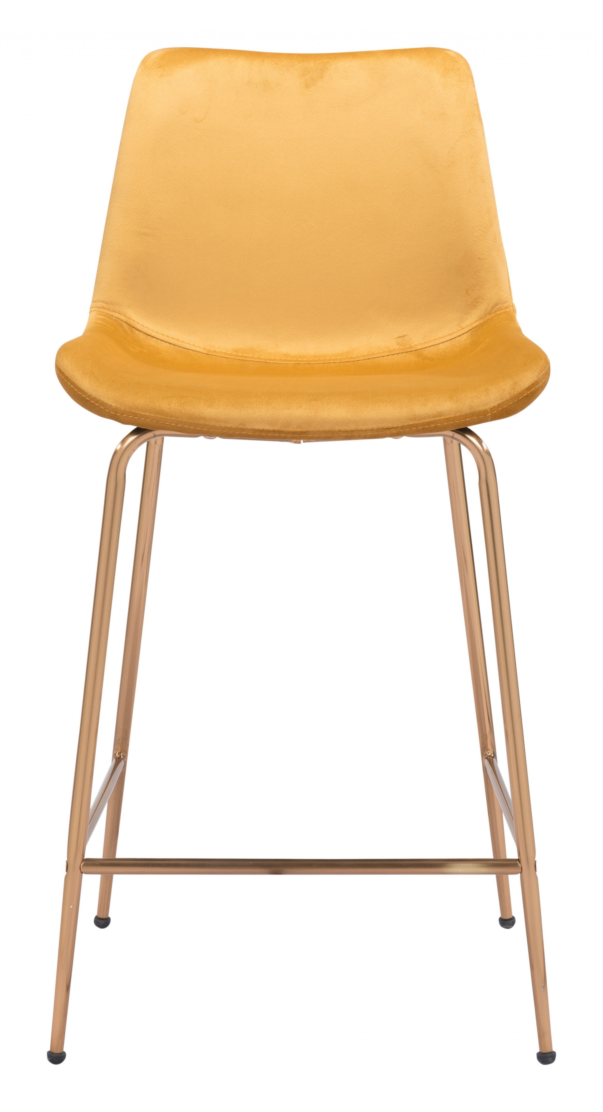 26" Yellow And Copper Velvet And Steel Low Back Counter Height Bar Chair