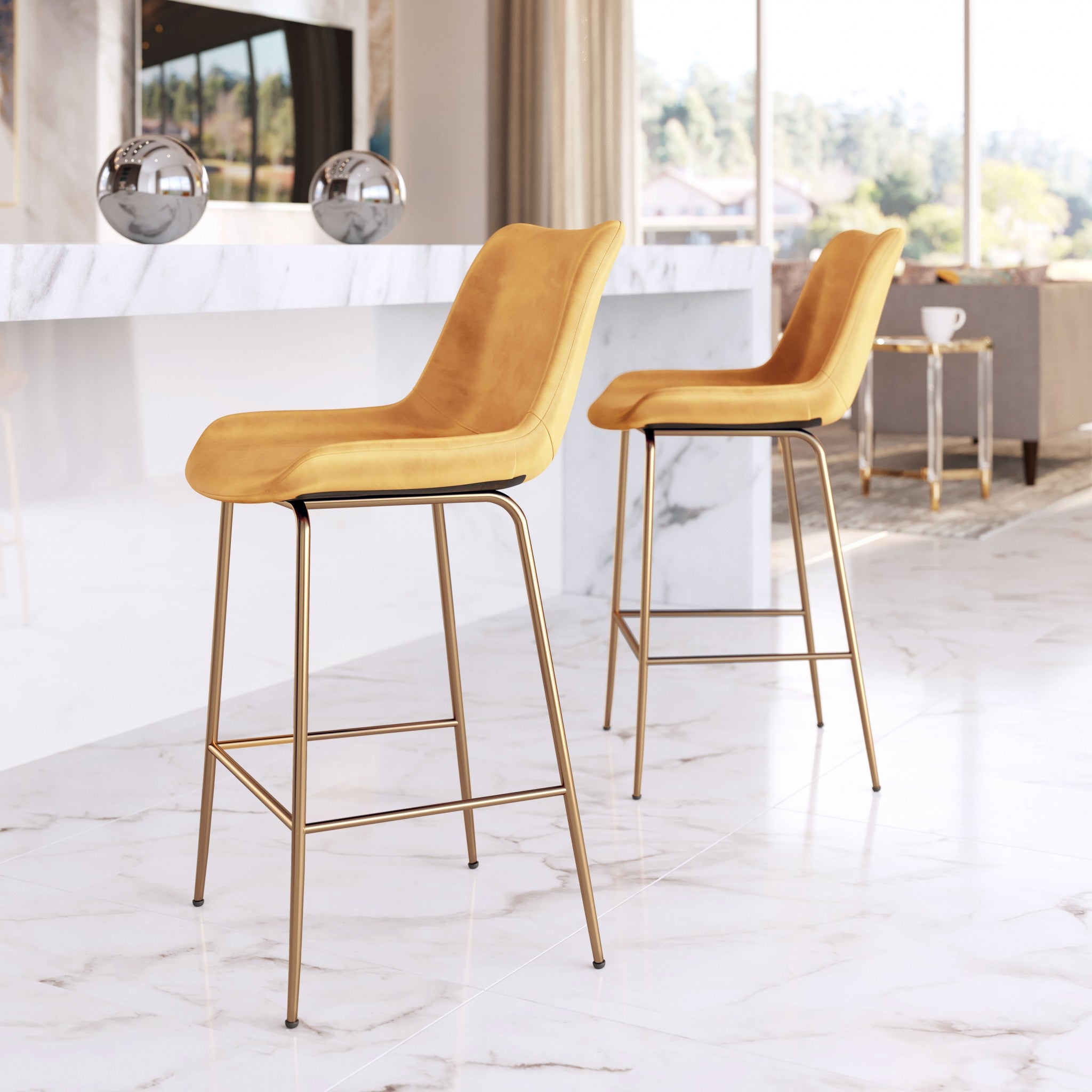 26" Yellow And Copper Velvet And Steel Low Back Counter Height Bar Chair