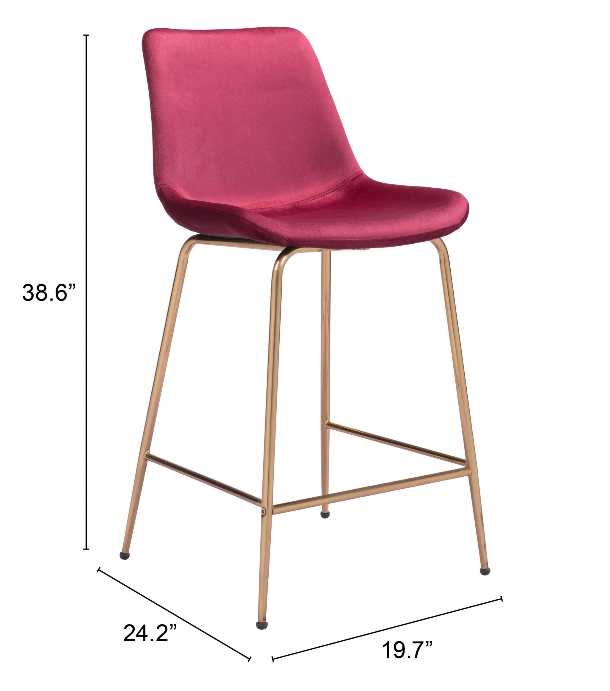 26" Red And Copper Velvet And Steel Low Back Counter Height Bar Chair