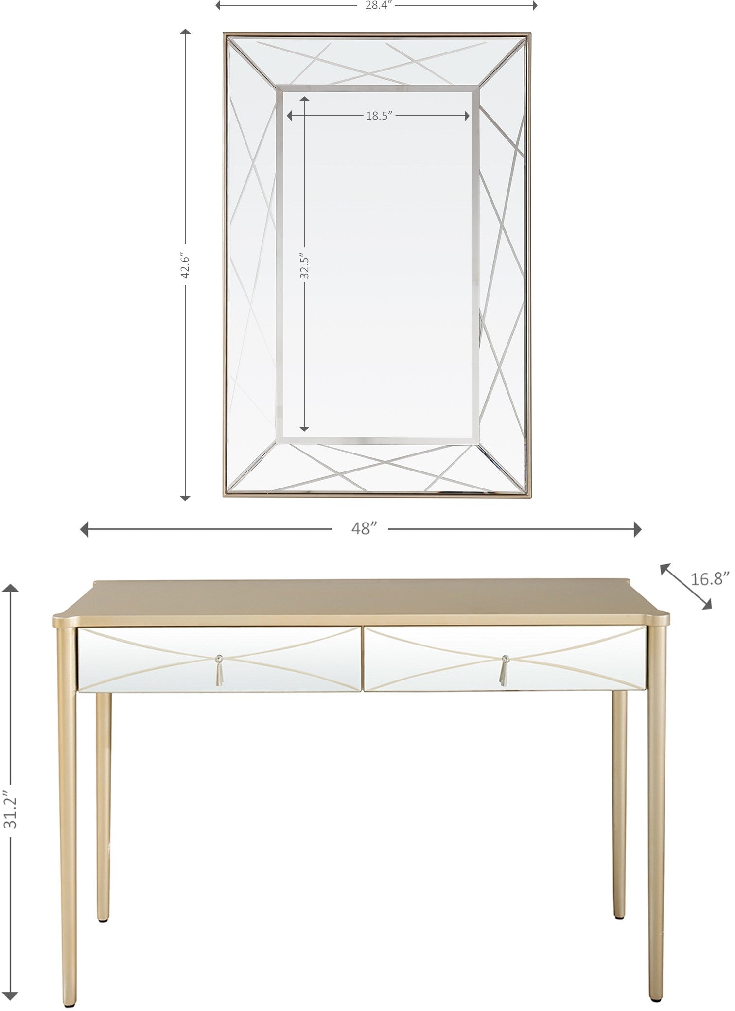 48" Champagne And Silver Mirrored Solid Wood And Glass Console Table With Two Drawers