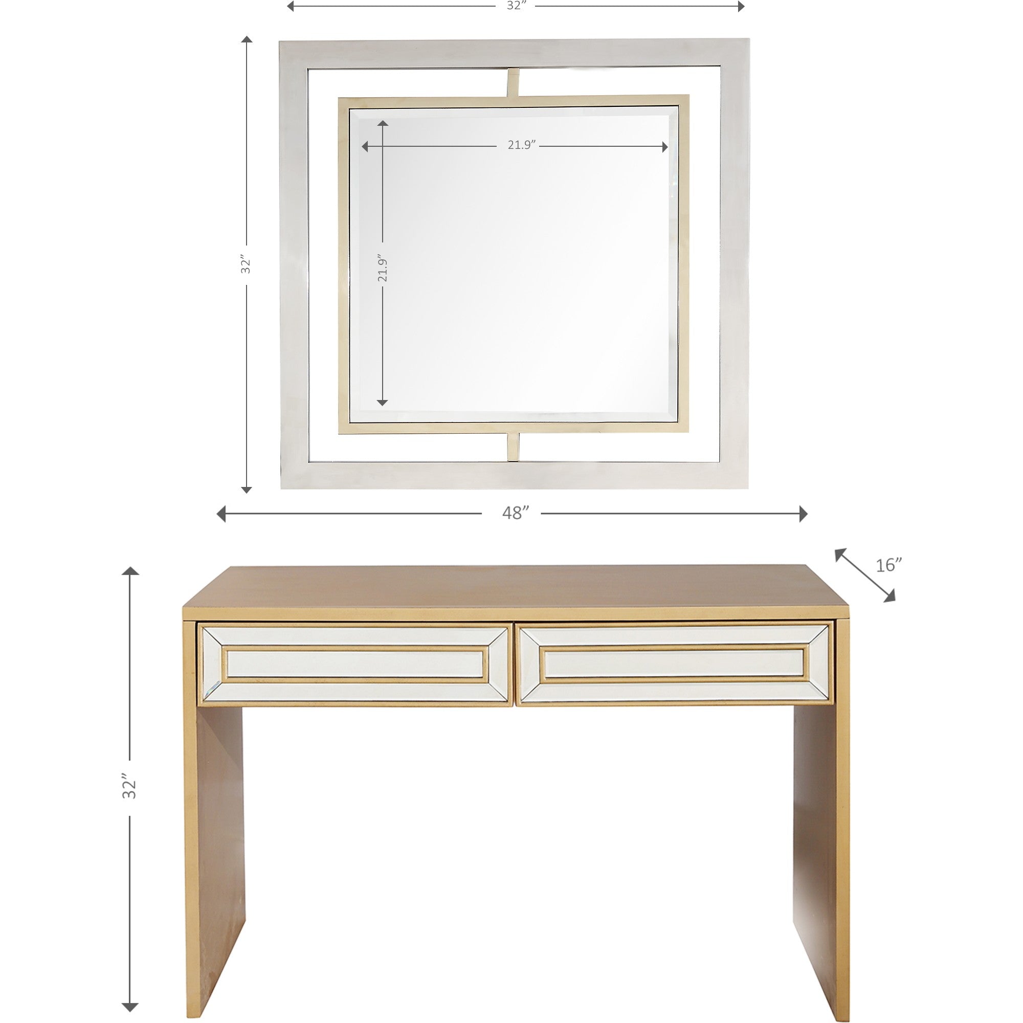48" Gold And Silver Mirrored Wood And Glass Console Table With Two Drawers