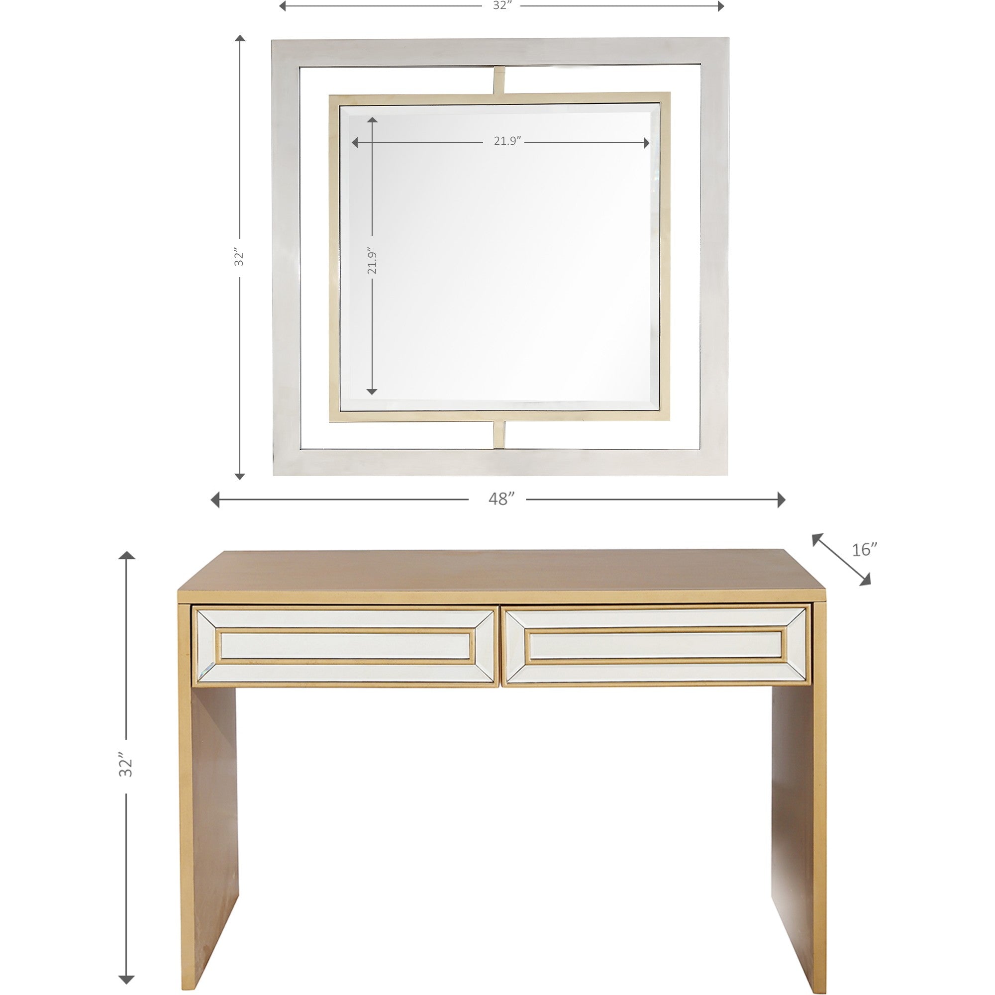 Antiqued Gold Finish Mirror and Console Table