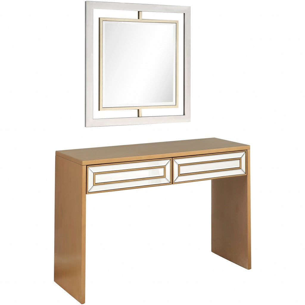 48" Gold And Silver Mirrored Wood And Glass Console Table With Two Drawers