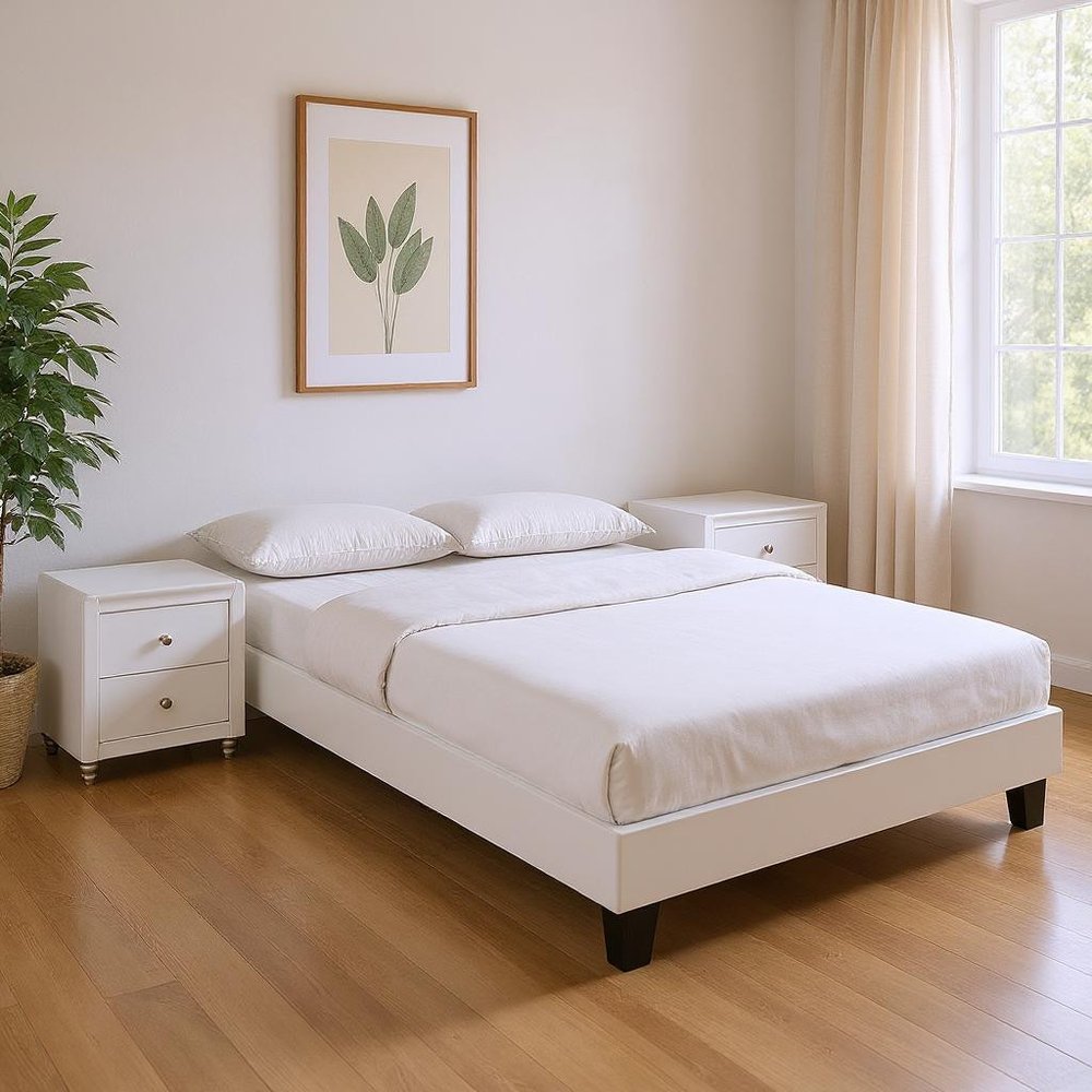White Platform Queen Bed with Two Nightstands