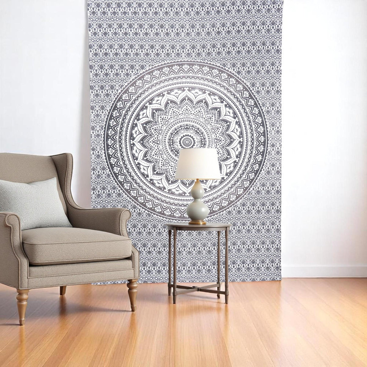 80" X 56" Gray And White Mandala Cotton Hanging Tapestry