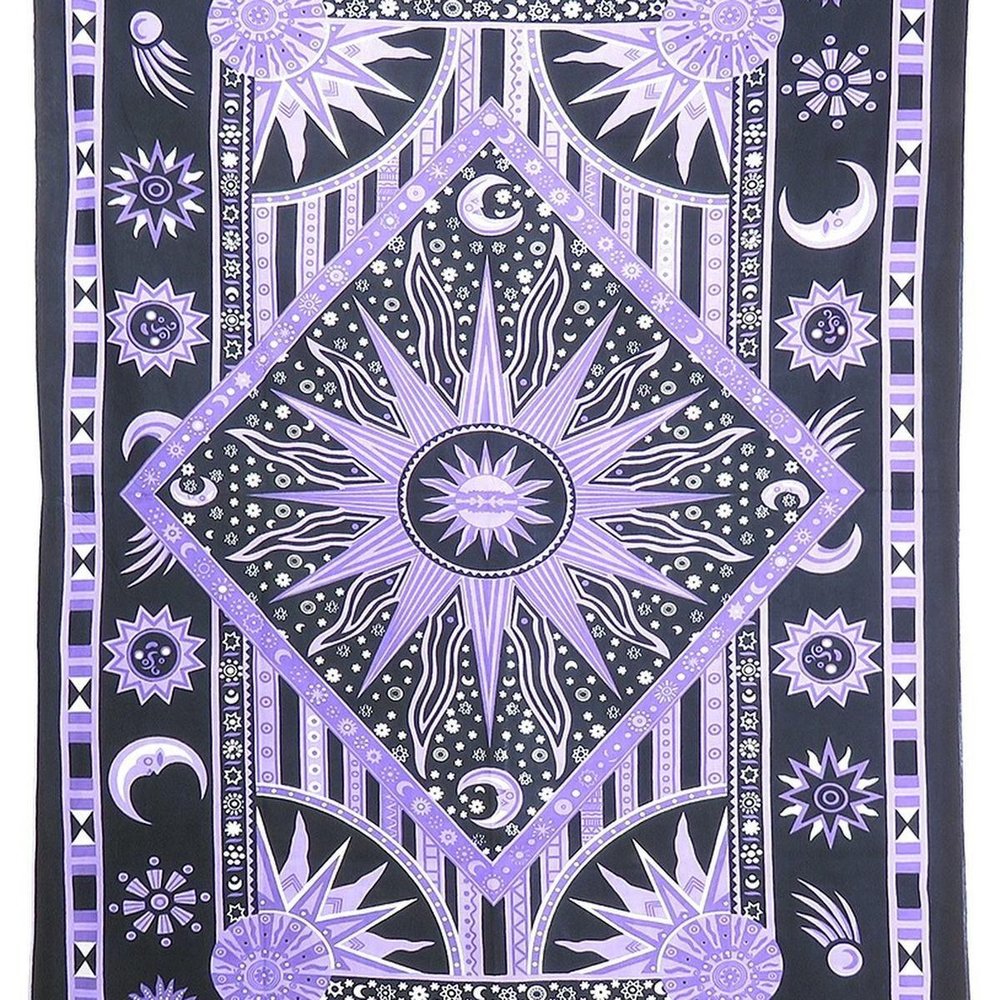 80" X 56" Purple Black And White Mandala Cotton Hanging Tapestry