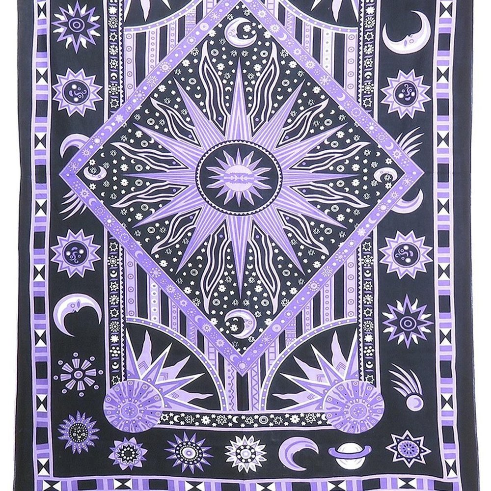 80" X 56" Purple Black And White Mandala Cotton Hanging Tapestry