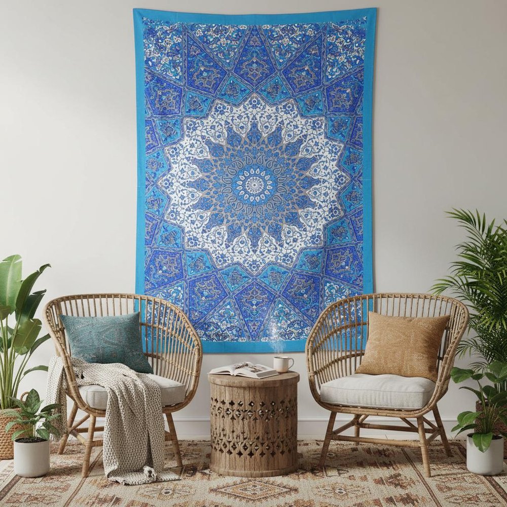 80" X 56" Royal Blue Mandala Cotton Hanging Tapestry