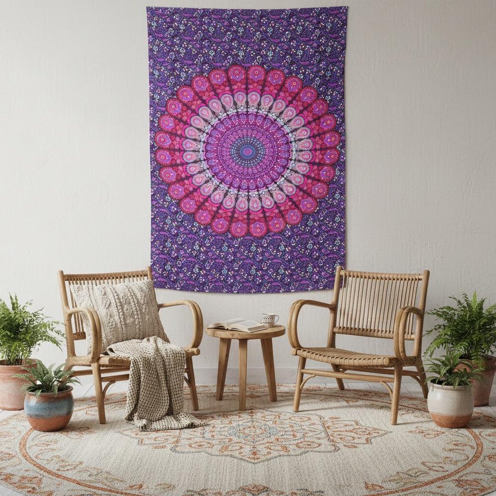 80" X 56" Purple Pink And White Mandala Cotton Hanging Tapestry