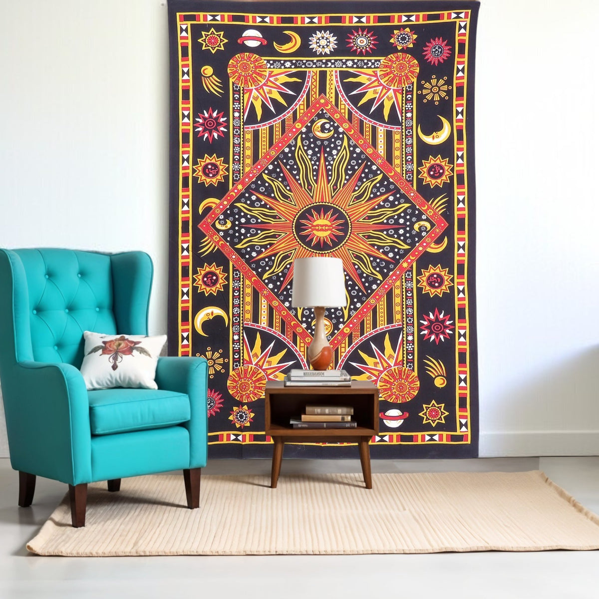 80" X 56" Black Red And Yellow Cotton Star and Sunburst Hanging Tapestry
