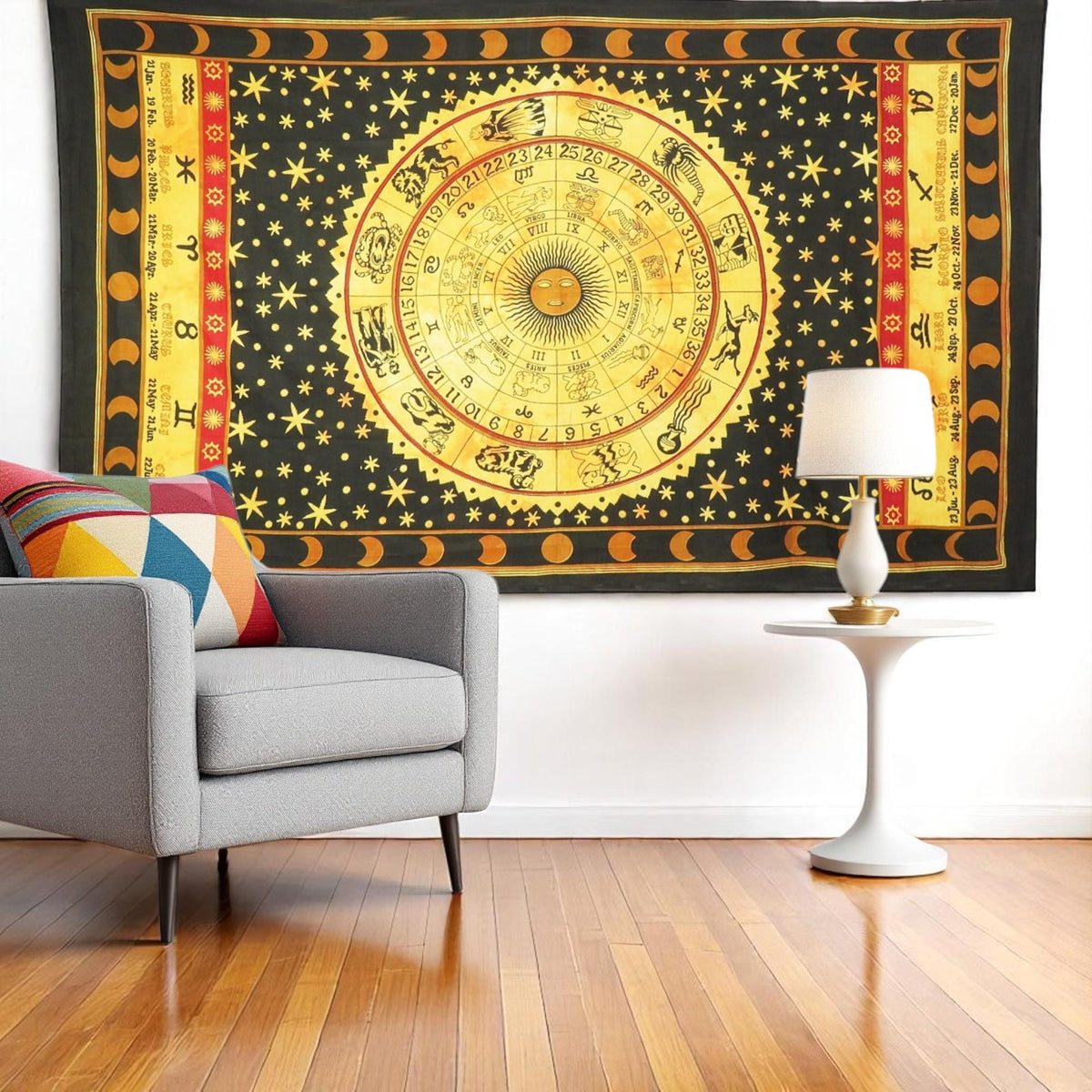80" X 56" Black Red And Yellow Cotton Hanging Tapestry