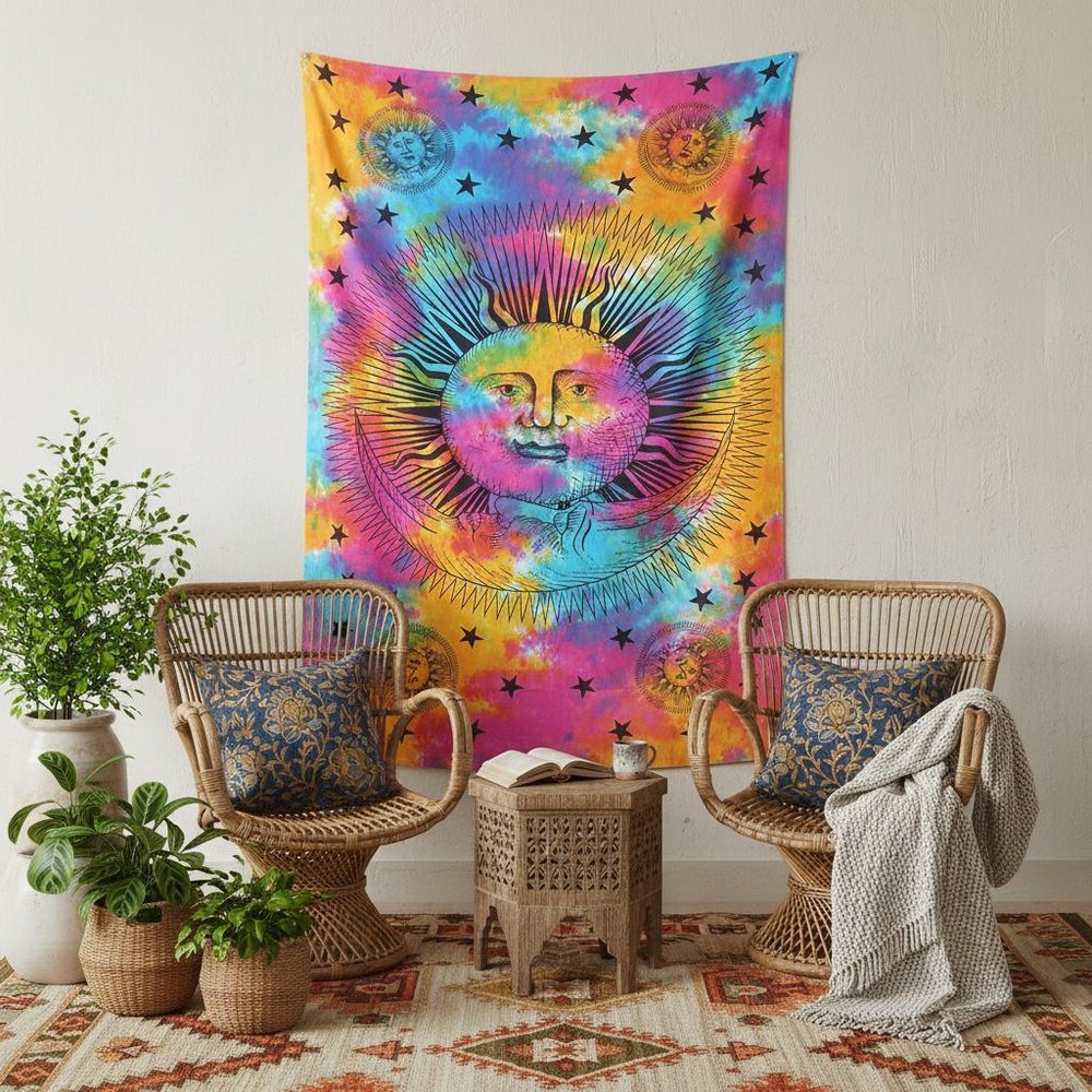 80" X 56" Blue Pink And Yellow Cotton Hanging Tapestry