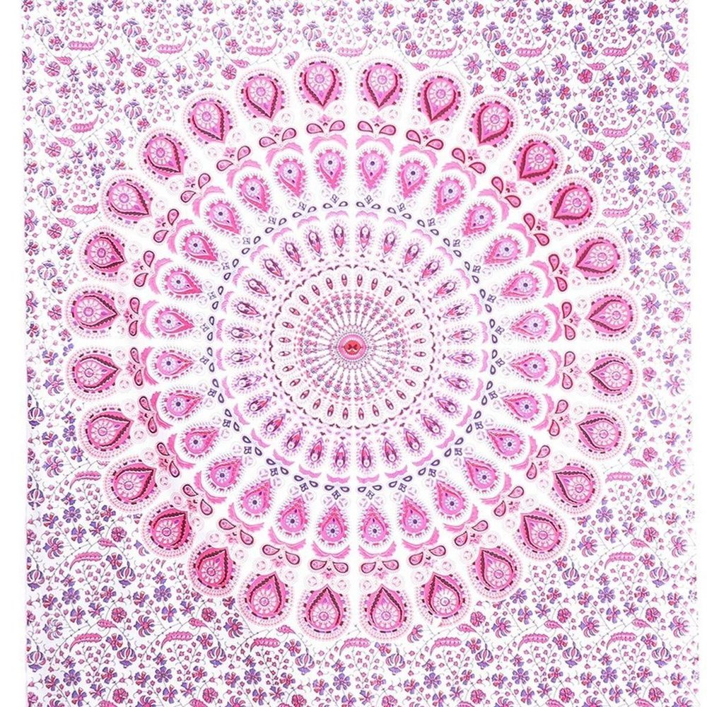 80" X 56" Pink And White Mandala Cotton Hanging Tapestry
