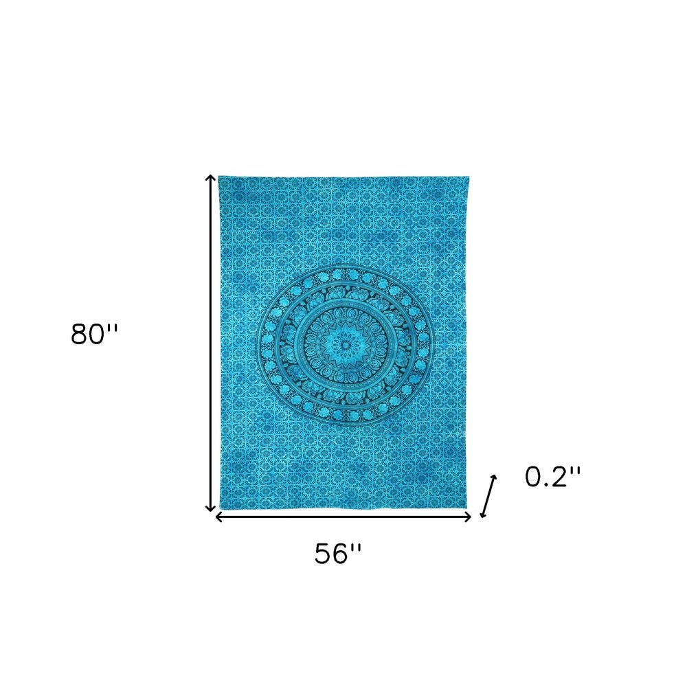 80" X 56" Turquoise And Black Mandala Cotton Hanging Tapestry
