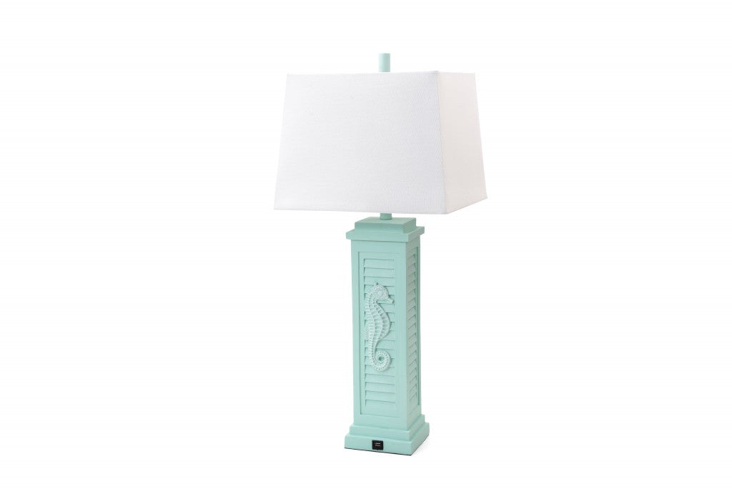 Set of Two 32" Turquoise Seahorse Shutter USB Table Lamps With White Shade