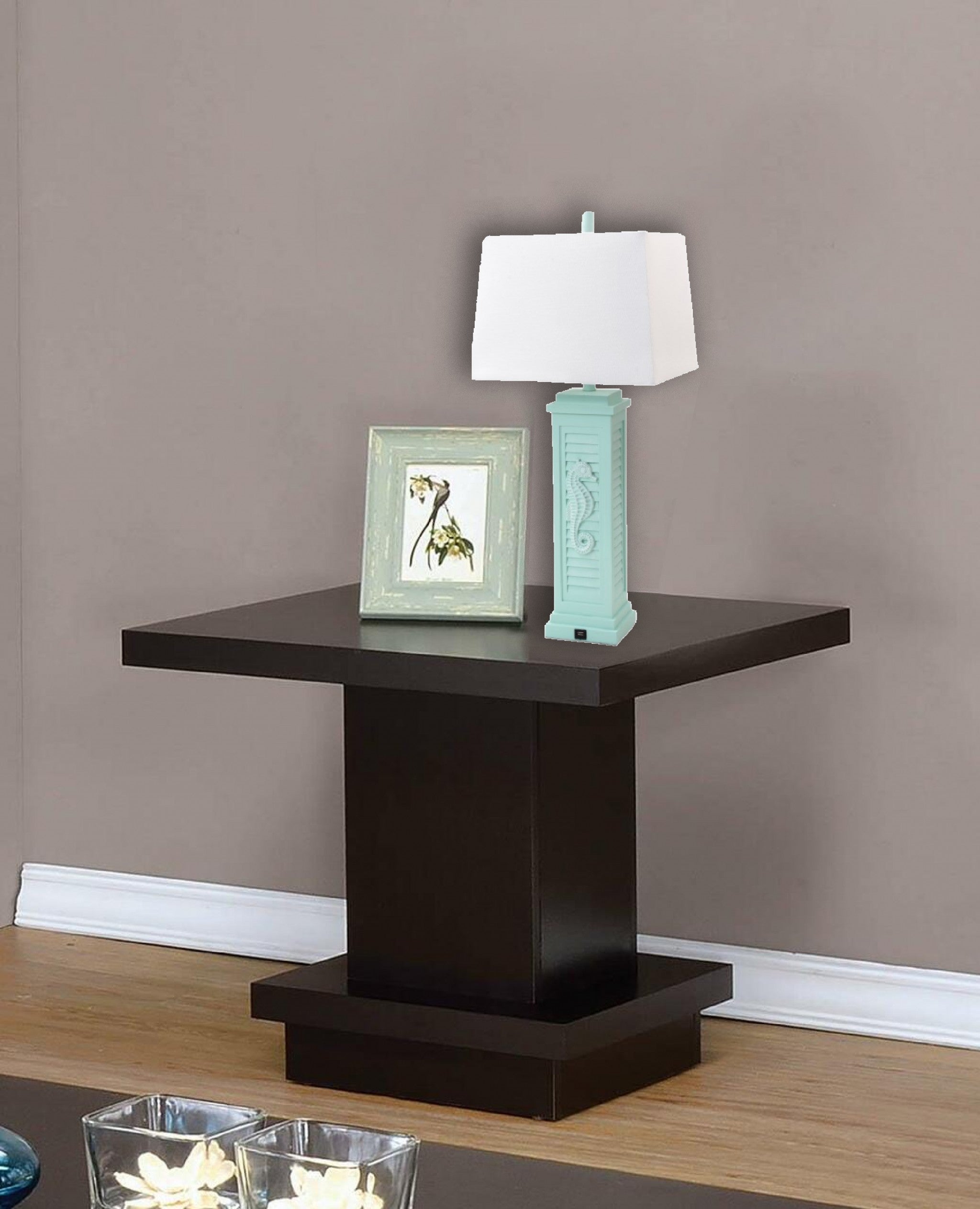Set of Two 32" Turquoise Seahorse Shutter USB Table Lamps With White Shade