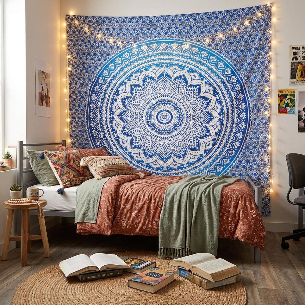 92" X 84" Blue And White Mandala Cotton Hanging Tapestry