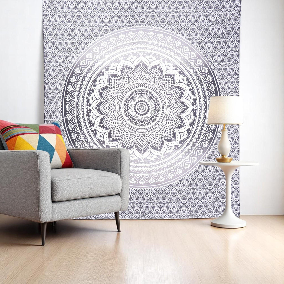 92" X 84" Gray And White Mandala Cotton Hanging Tapestry