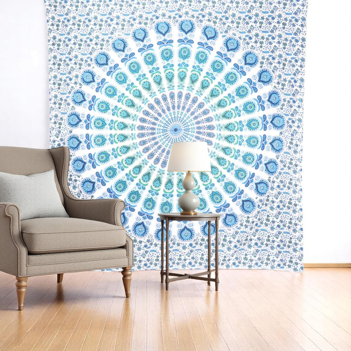 92" X 84" Blue Green And White Mandala Cotton Hanging Tapestry