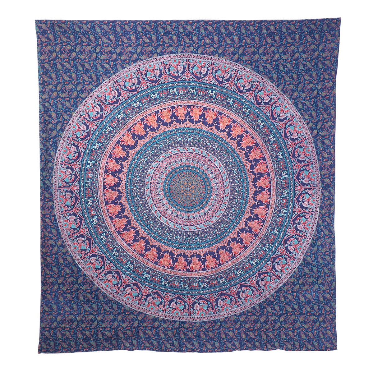 92" X 84" Green Blue And Orange Mandala Cotton Hanging Tapestry