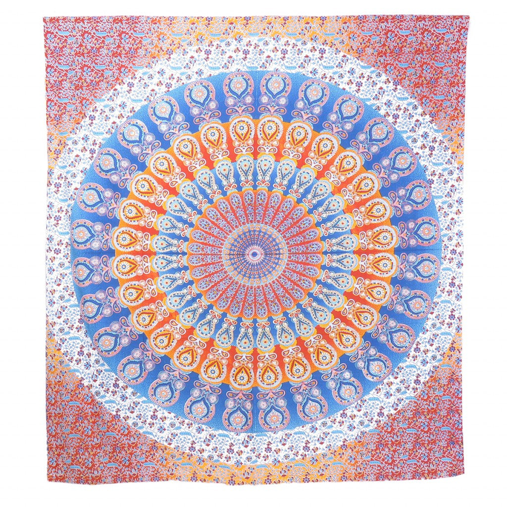 92" X 84" Orange Blue And Yellow Mandala Cotton Hanging Tapestry