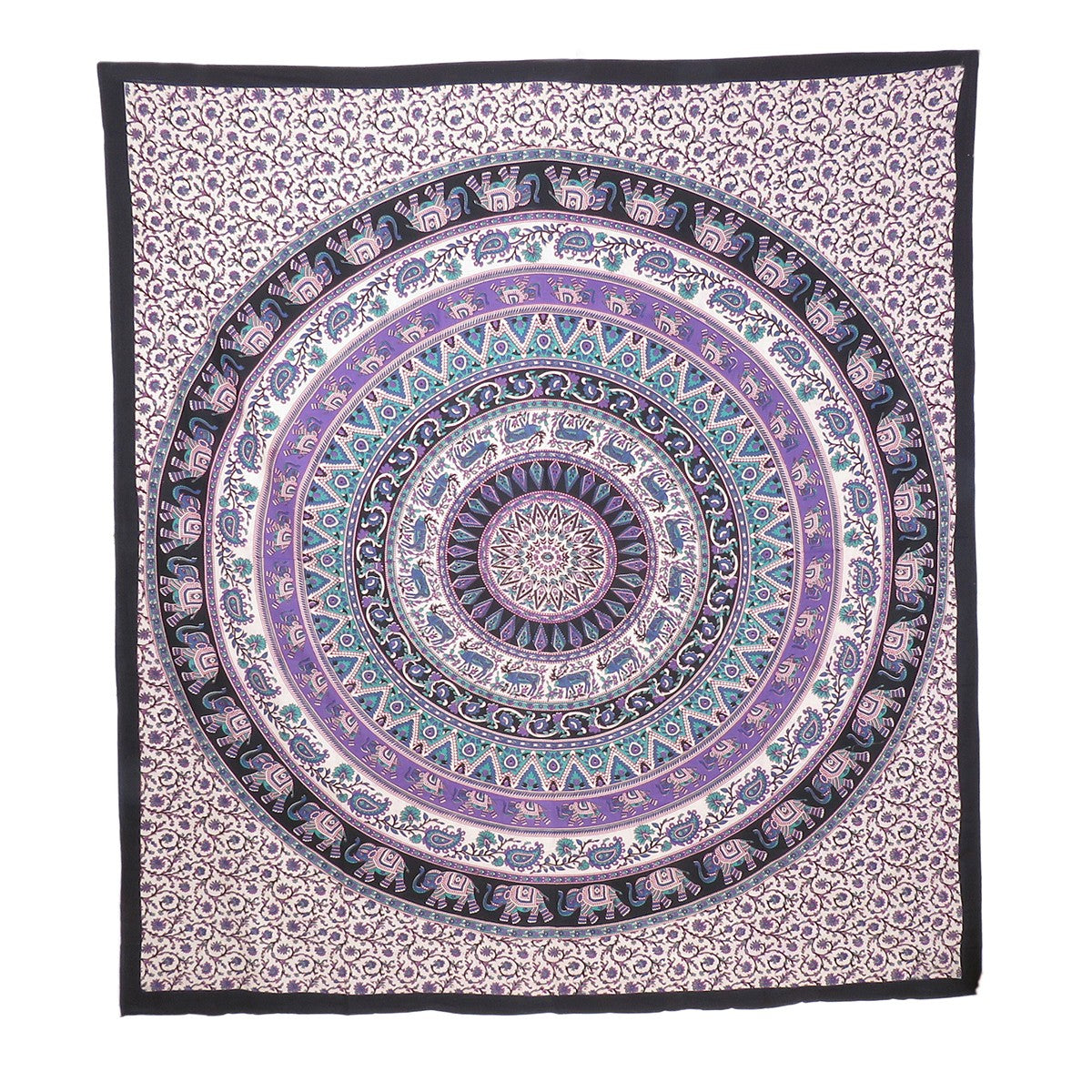 92" X 84" Purple Black And White Mandala Cotton Hanging Tapestry