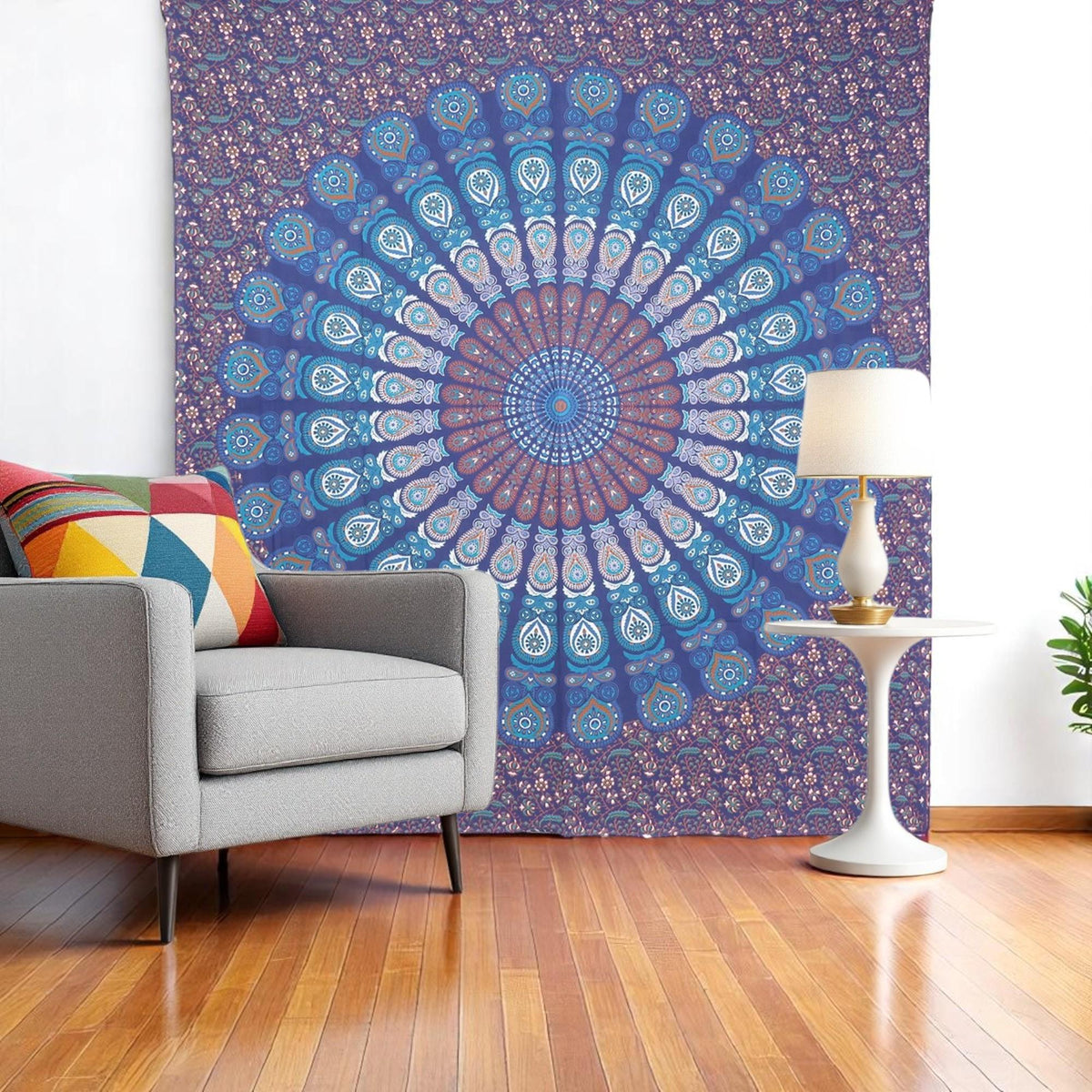 92" X 84" Navy Blue Ivory And Brown Mandala Cotton Hanging Tapestry