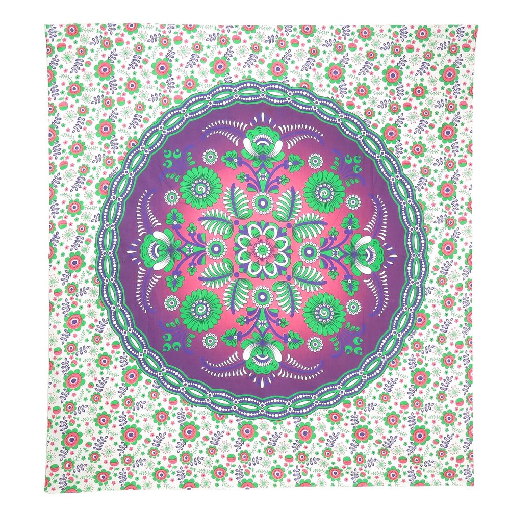 88" X 84" Green Purple And White Floral Cotton Hanging Tapestry
