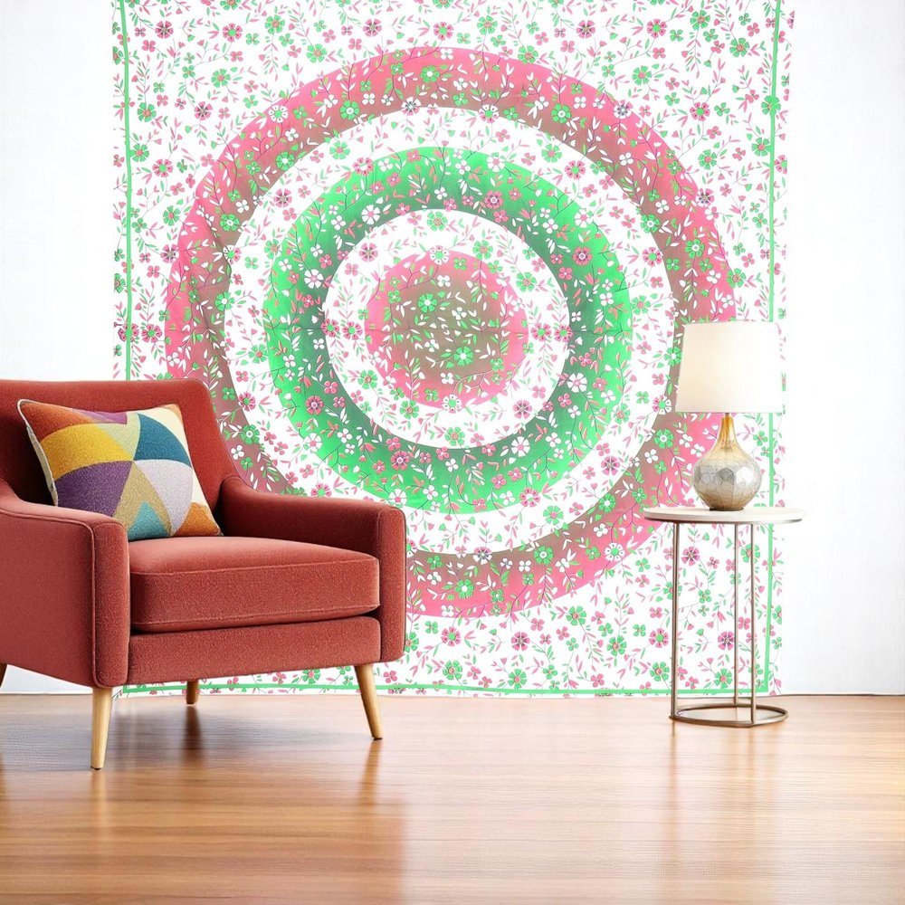 88" X 84" Green Red And White Floral Cotton Hanging Tapestry