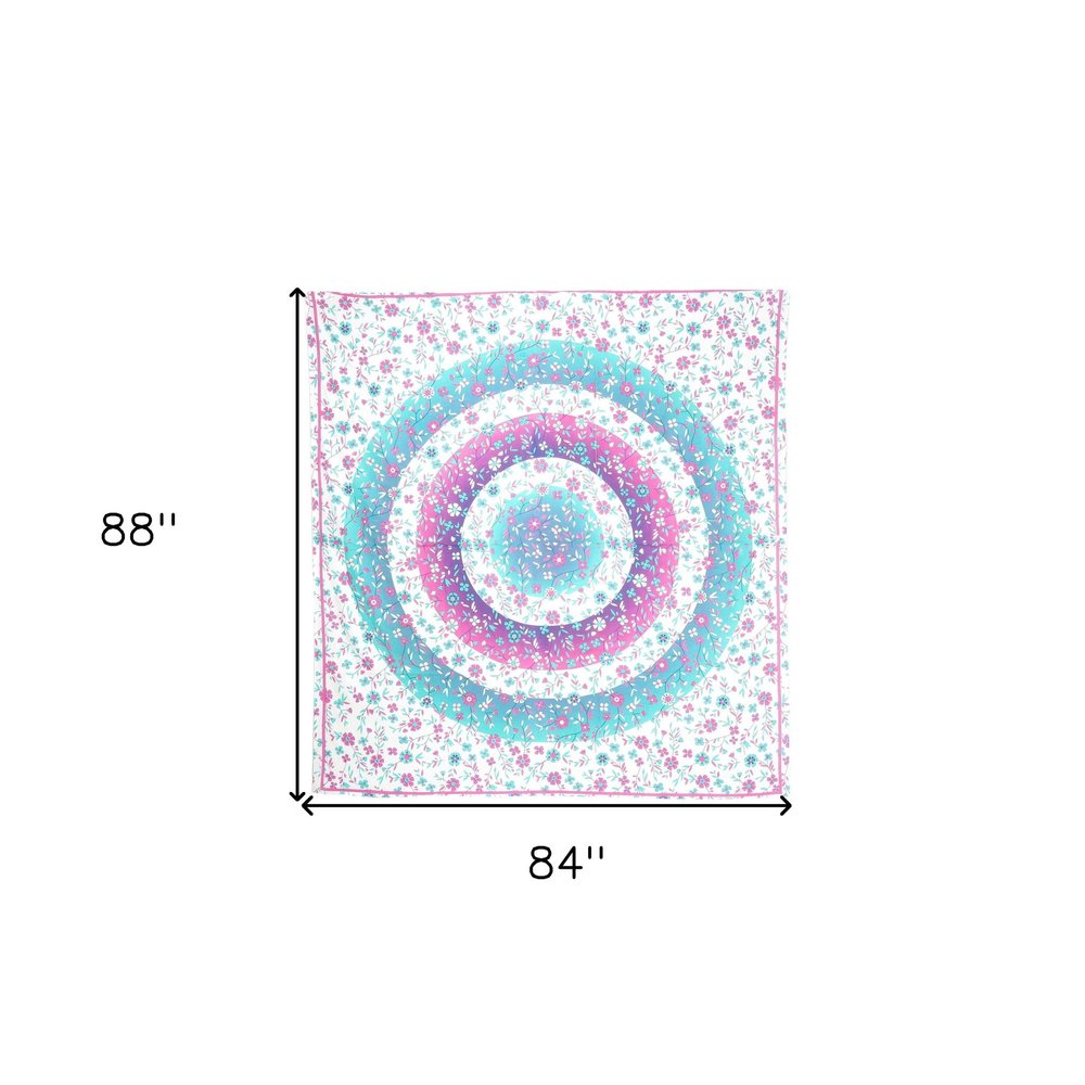 88" X 84" Pink Blue And White Floral Cotton Hanging Tapestry