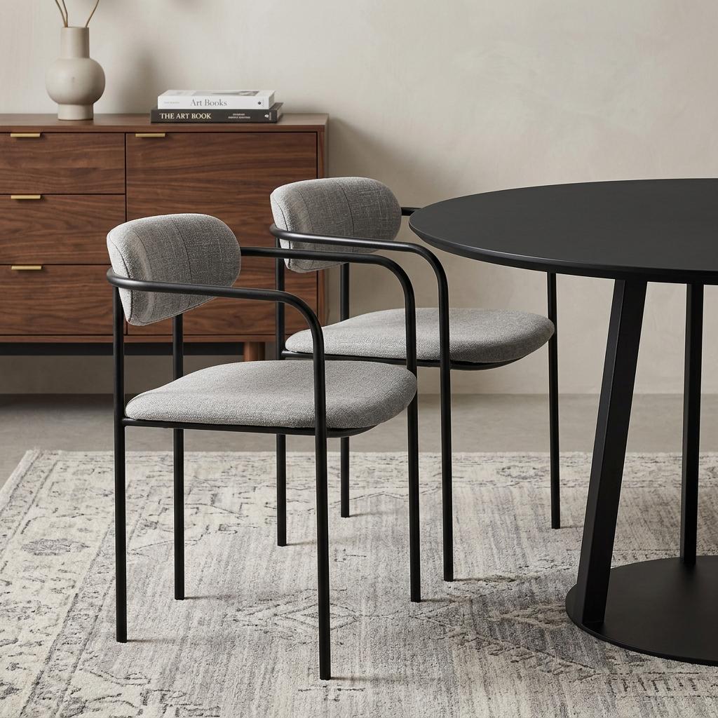 Set of Two Gray and Black Fabric Dining Arm Chairs