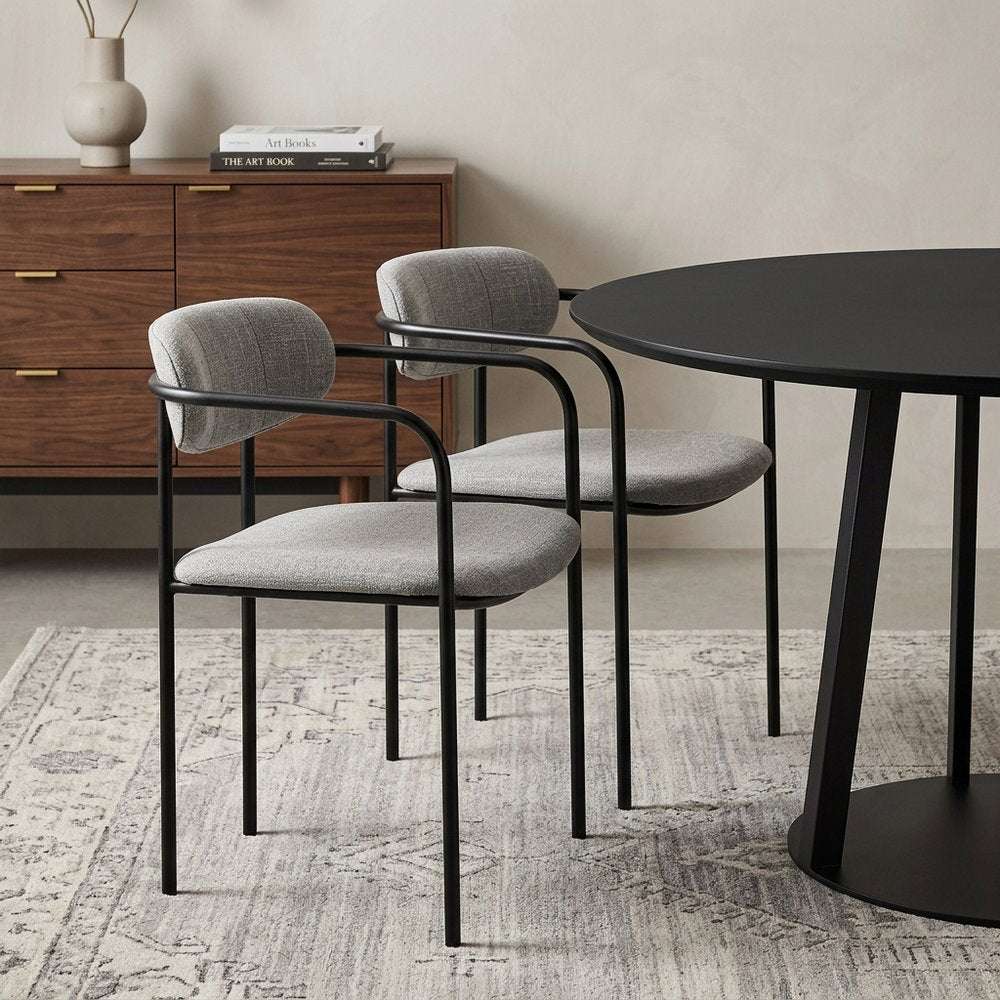Set of Two Gray and Black Fabric Dining Arm Chairs