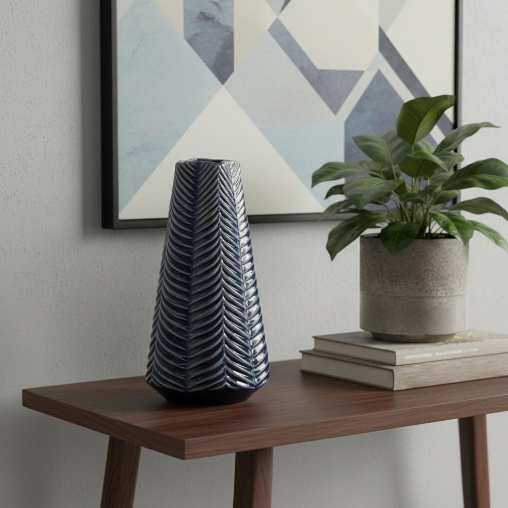 10" Navy Blue Abstract Ceramic Cylinder Table Vase