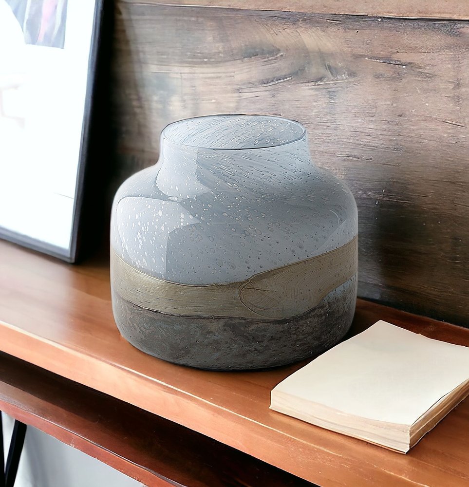 9" Blue And Brown Seeded Glass Table Vase